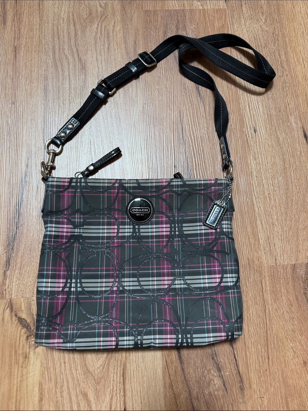 Coach Poppy Tartan Plaid Crossbody in Black, Pink, Glitter Accents, Y2K, F17710